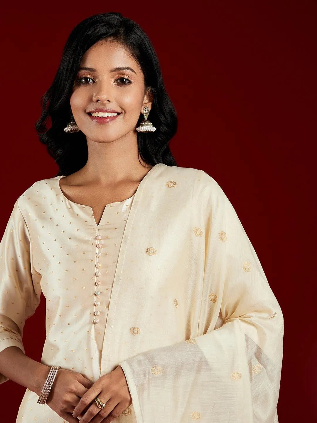 Cream Woven Design Straight Kurta With Trousers & Dupatta - Libas 