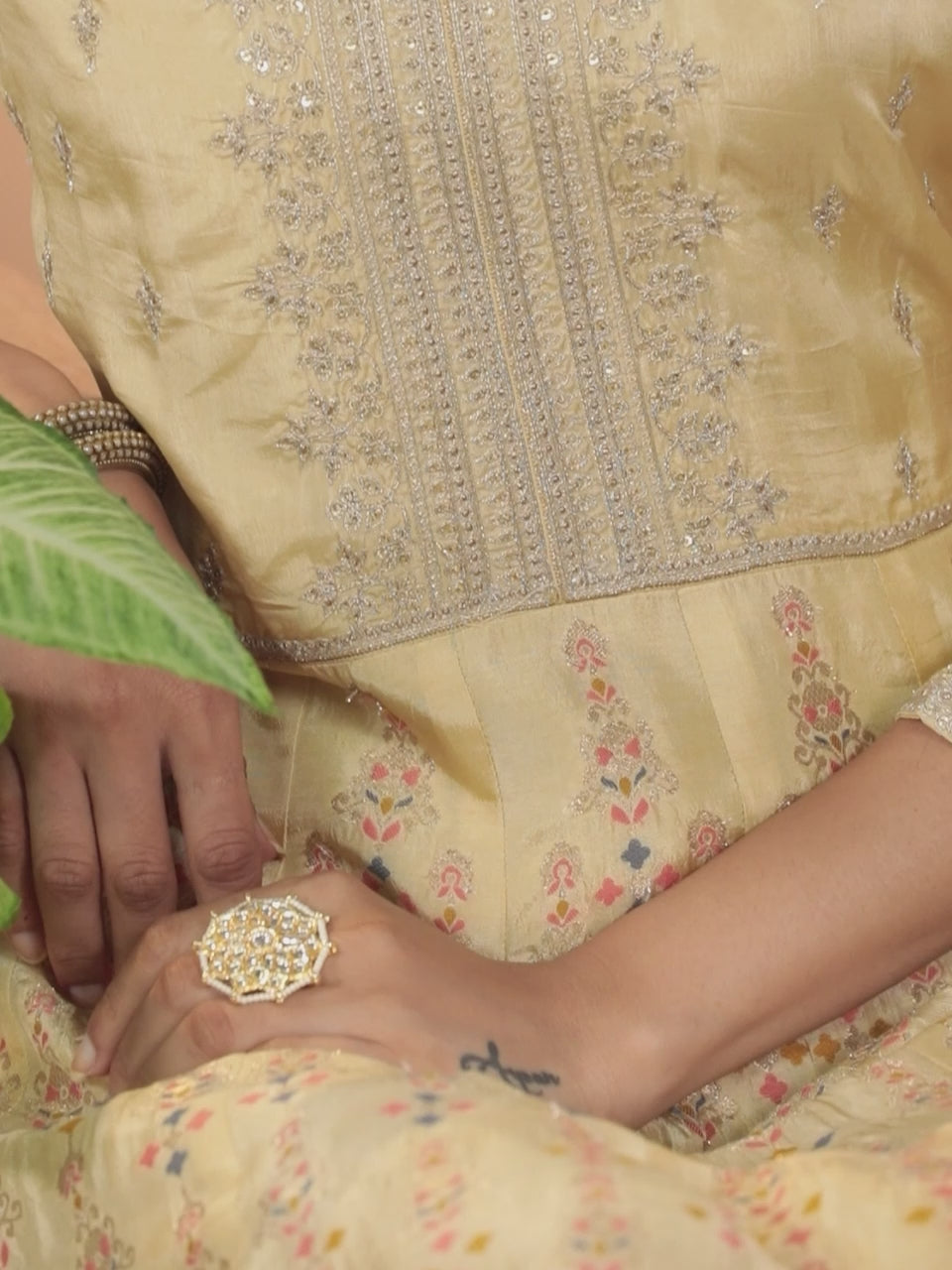  Yellow Self Design Silk Anarkali Kurta With Churidar & Dupatta 
