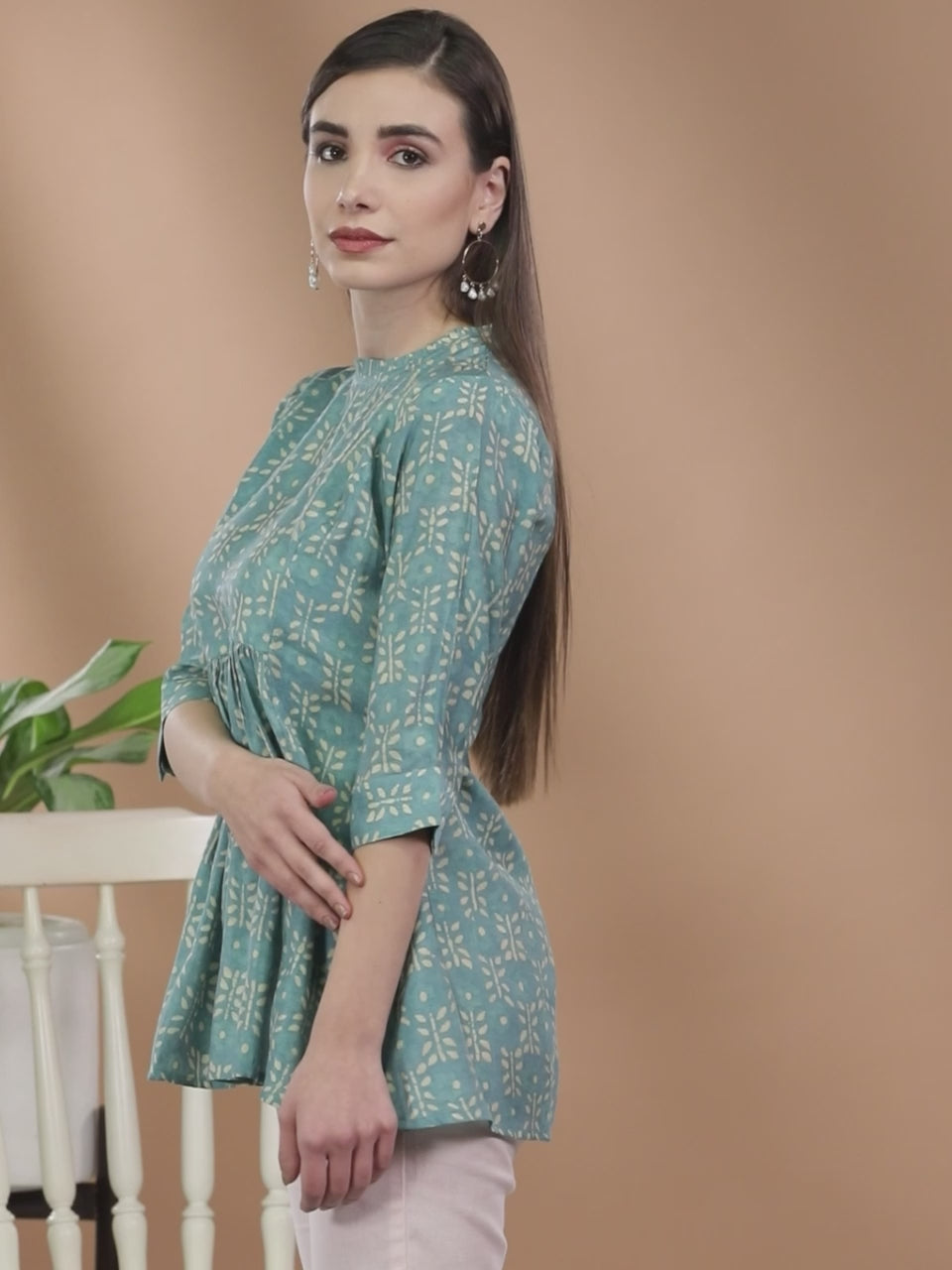  Blue Printed Silk Blend Kurti 