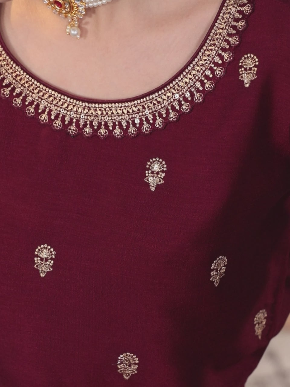  Maroon Embroidered Silk Straight Kurta 