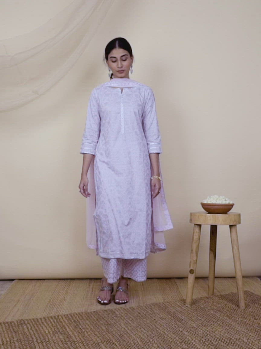  Pink Printed Cotton Straight Kurta With Palazzos & Dupatta 