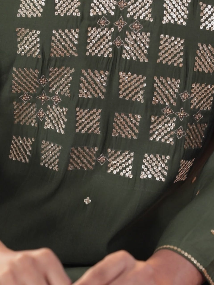 Olive Yoke Design Chanderi Silk Straight Kurta With Dupatta