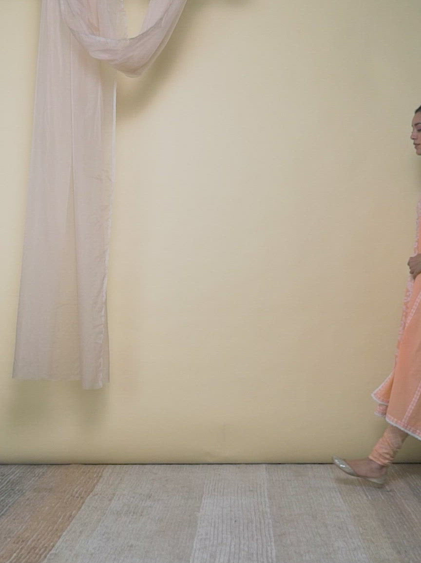  Peach Printed Cotton Anarkali Kurta With Churidar & Dupatta 