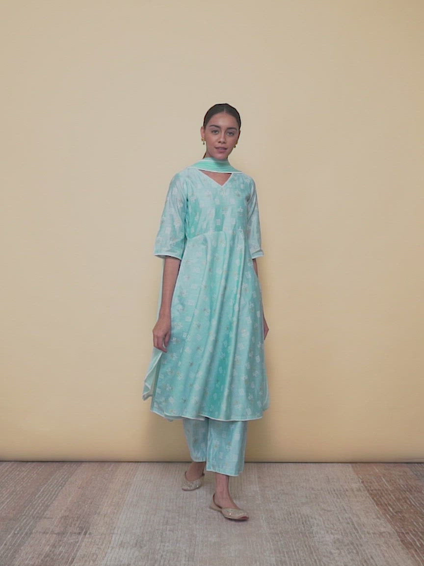 Blue Printed Chanderi Silk A-Line Kurta With Palazzos & Dupatta