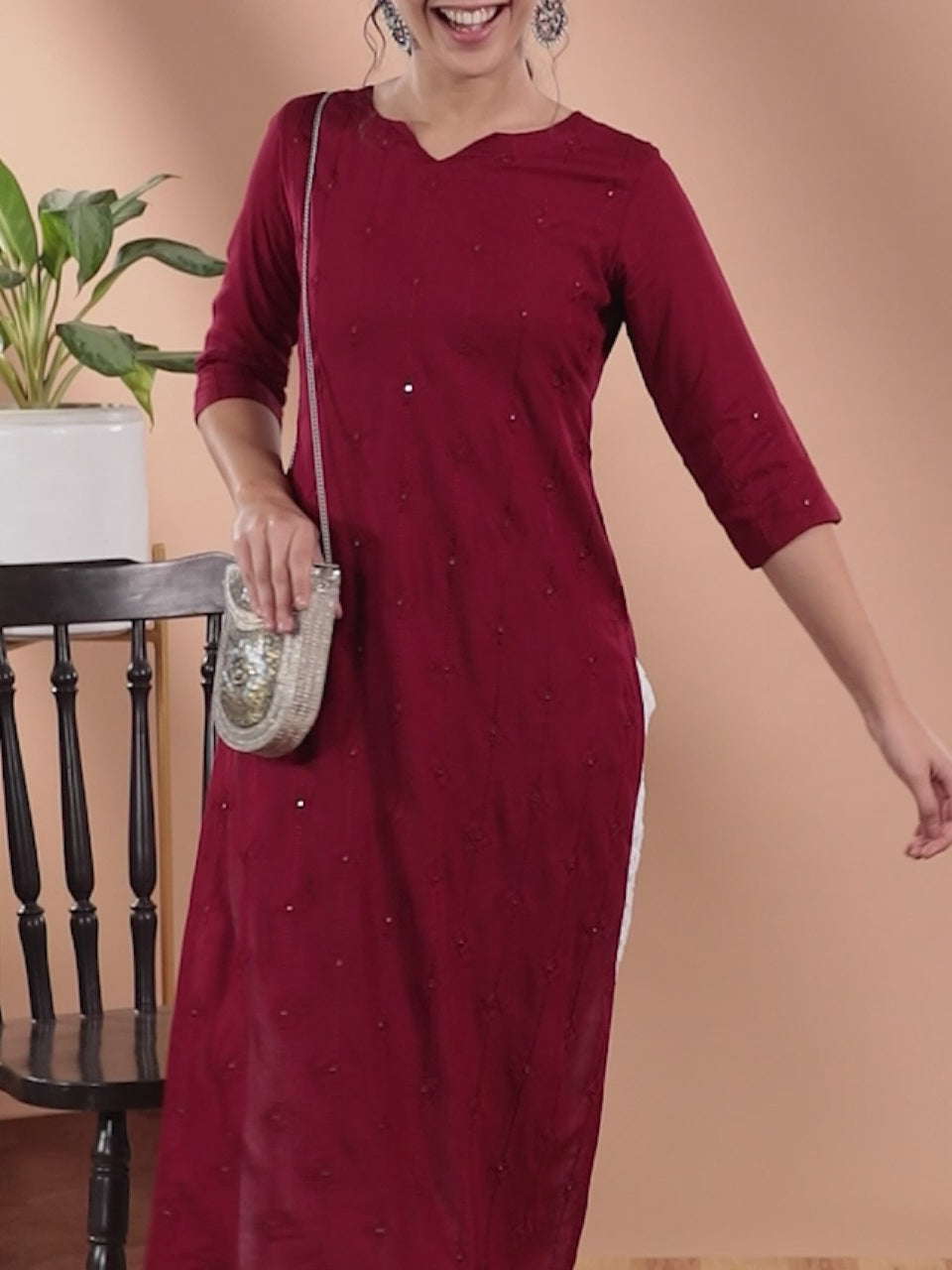 Maroon Embroidered Rayon Kurta