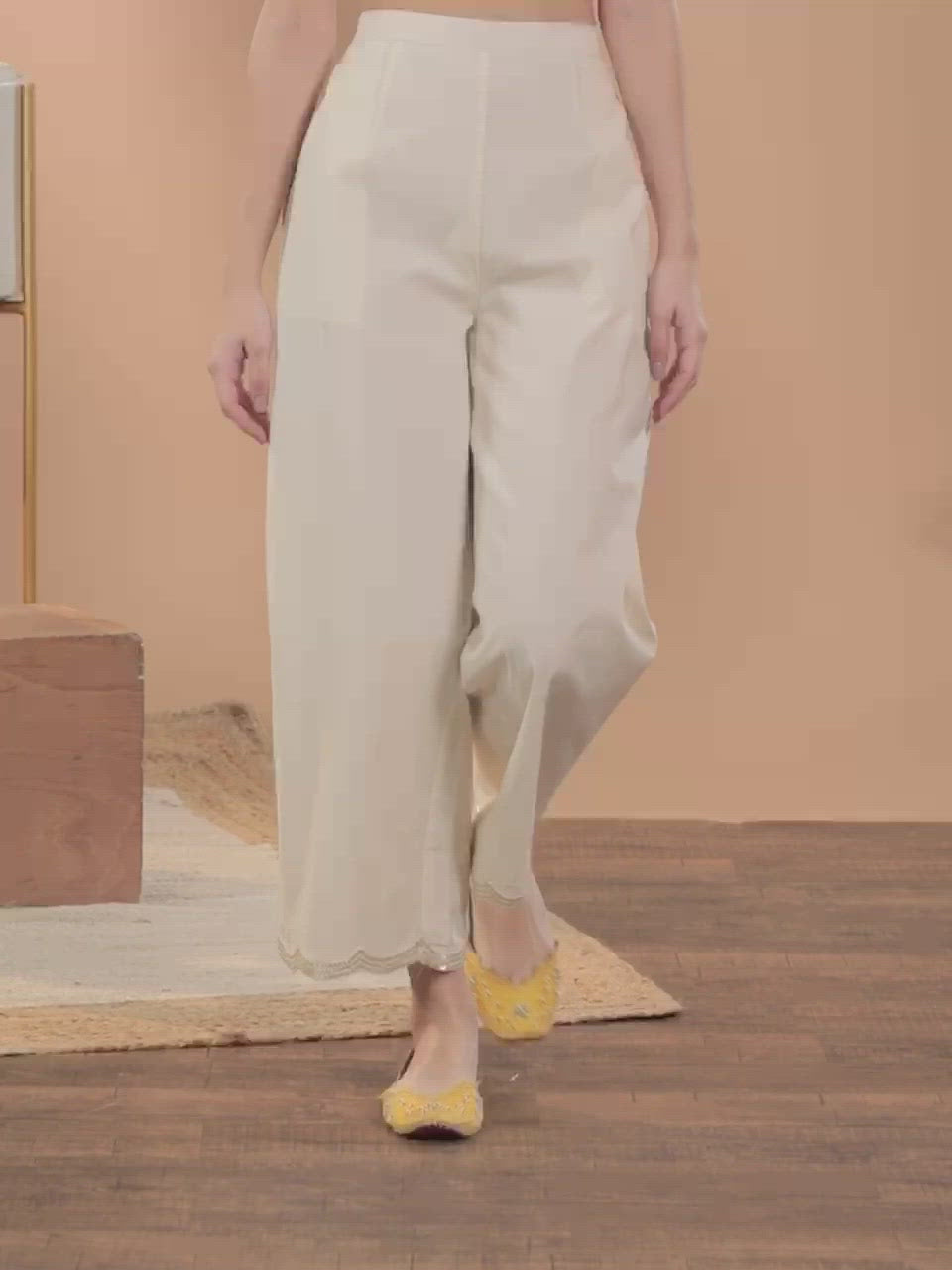  Off White Solid Cotton Palazzos 