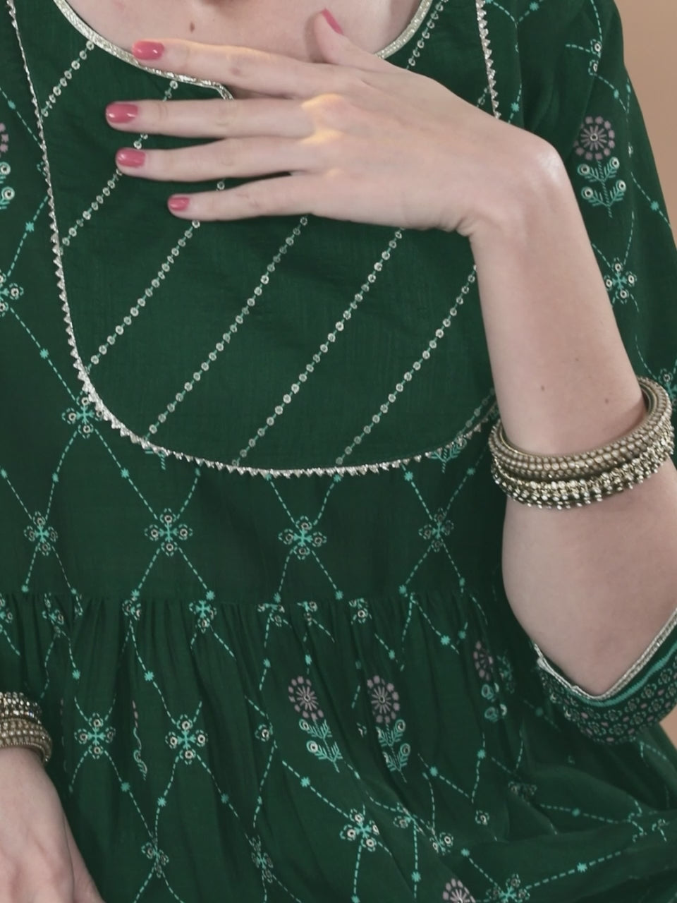  Green Printed Silk Blend A-Line Kurta With Palazzos & Dupatta 
