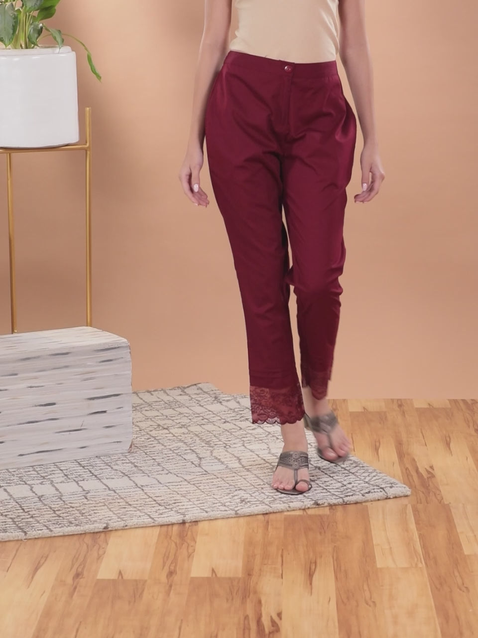  Maroon Solid Cotton Trousers 