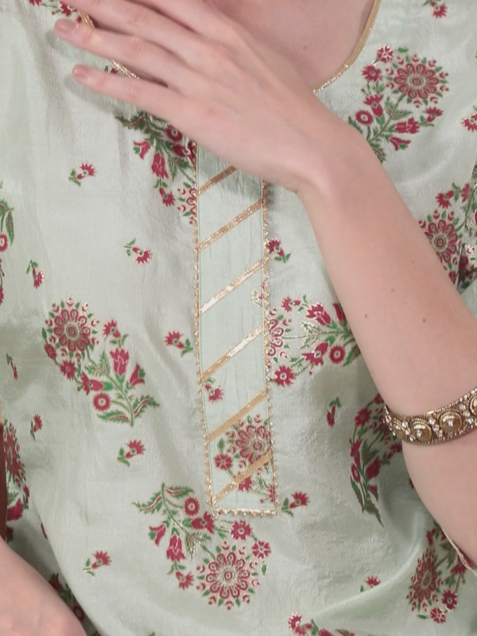  Green Printed Silk A-Line Kurta 