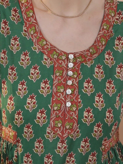 Green Printed Cotton A-Line Kurta With Palazzos & Dupatta