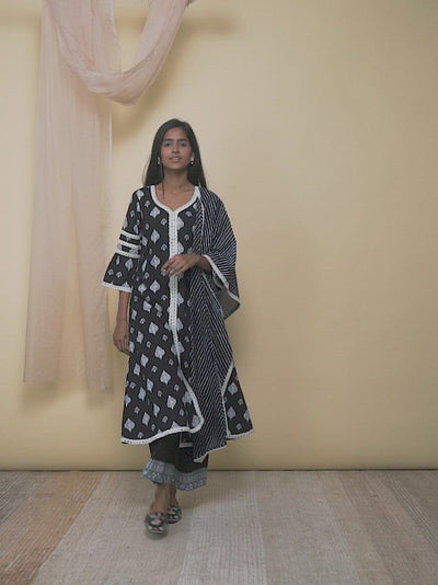 Black Printed Cotton A-Line Kurta With Palazzos & Dupatta