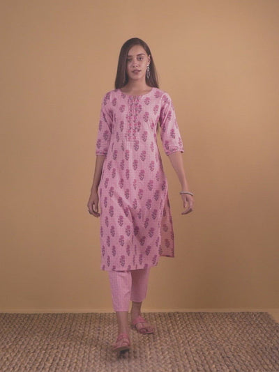 Pink Printed Cotton Straight Kurta With Trousers