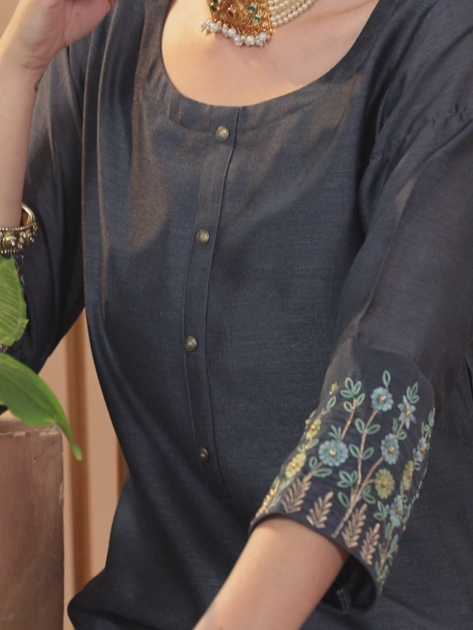  Grey Solid Silk Kurta 
