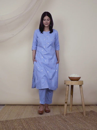 Blue Woven Design Cotton Kurta