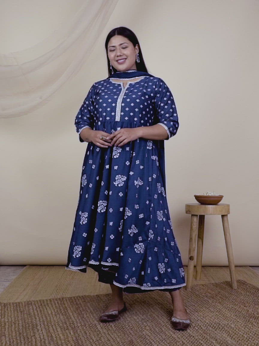 Plus Size Blue Printed Silk Anarkali Kurta With Dupatta