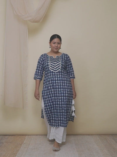 Plus Size Blue Printed Cotton Kurta