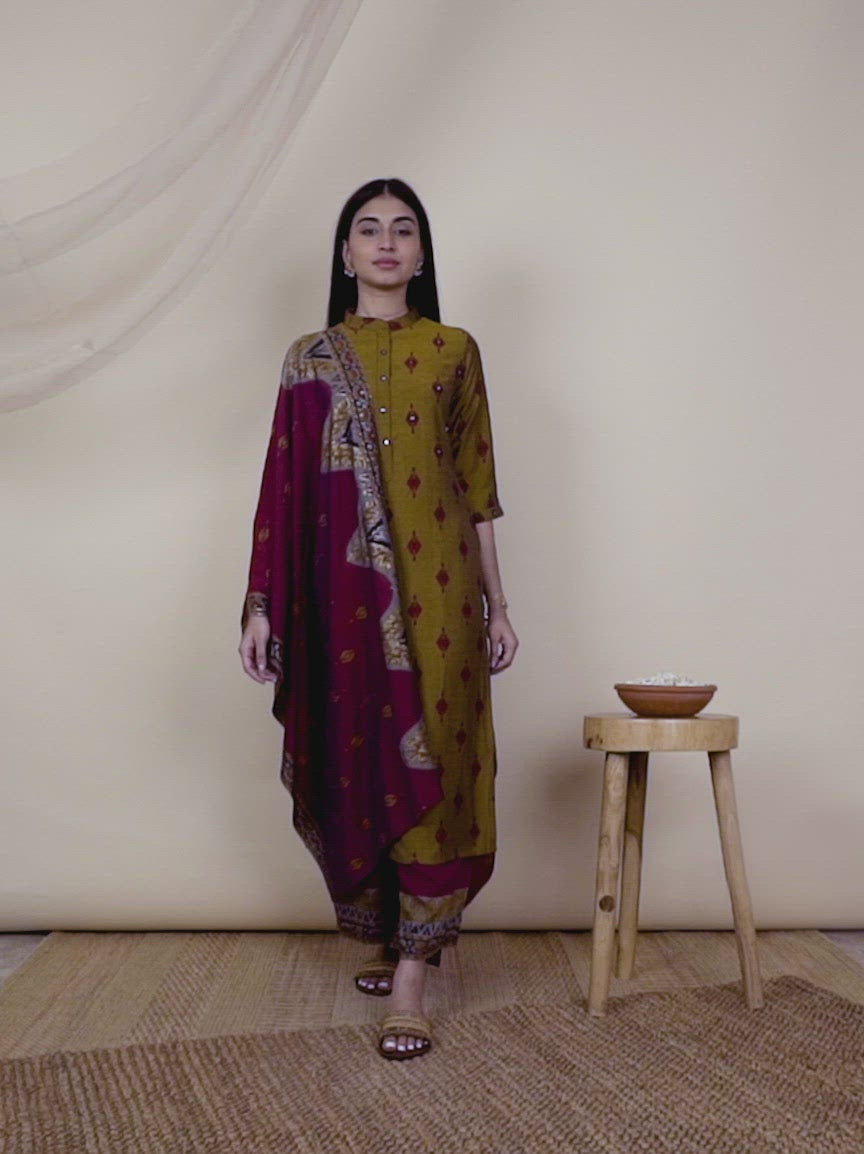 Mustard Printed Rayon Straight Kurta With Palazzos & Dupatta