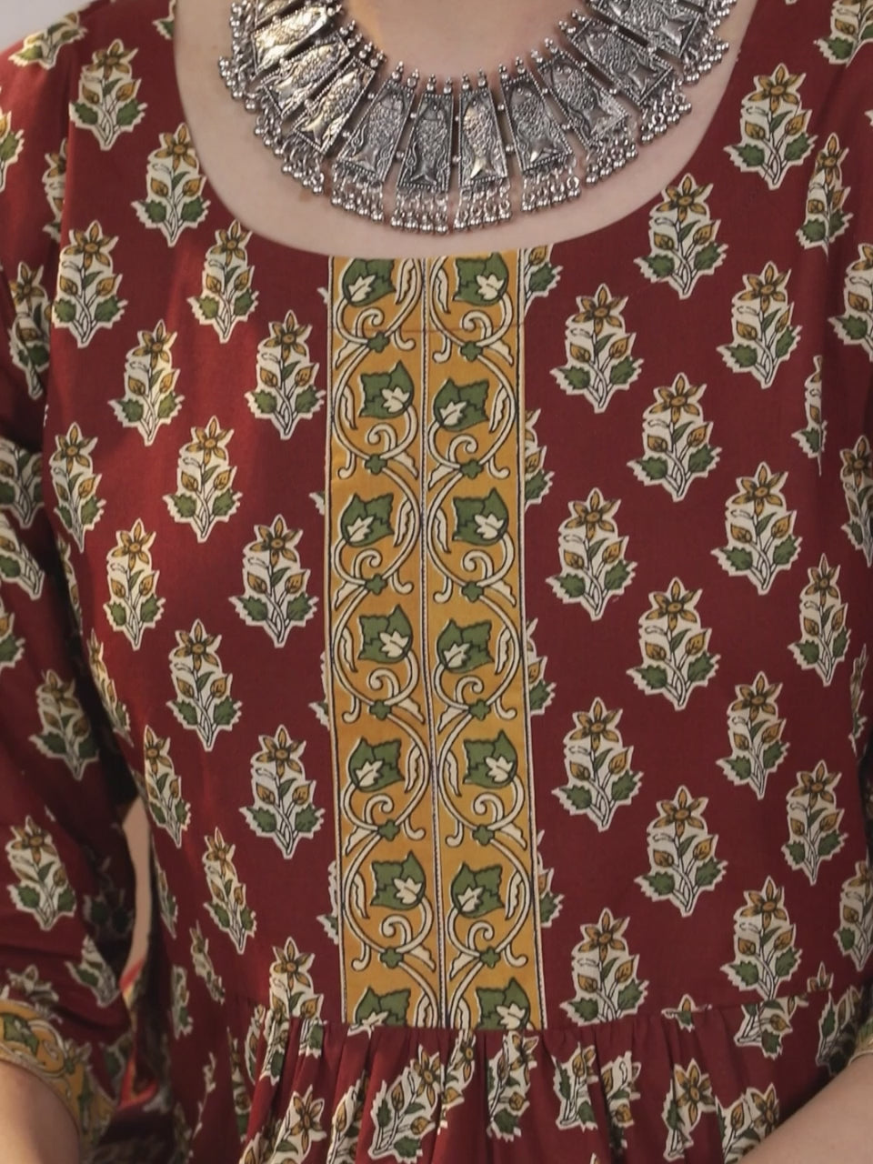  Maroon Printed Cotton Anarkali Kurta With Dupatta 