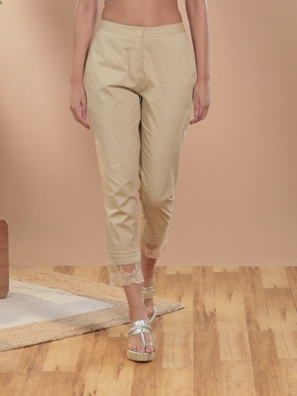 Beige Solid Cotton Trousers