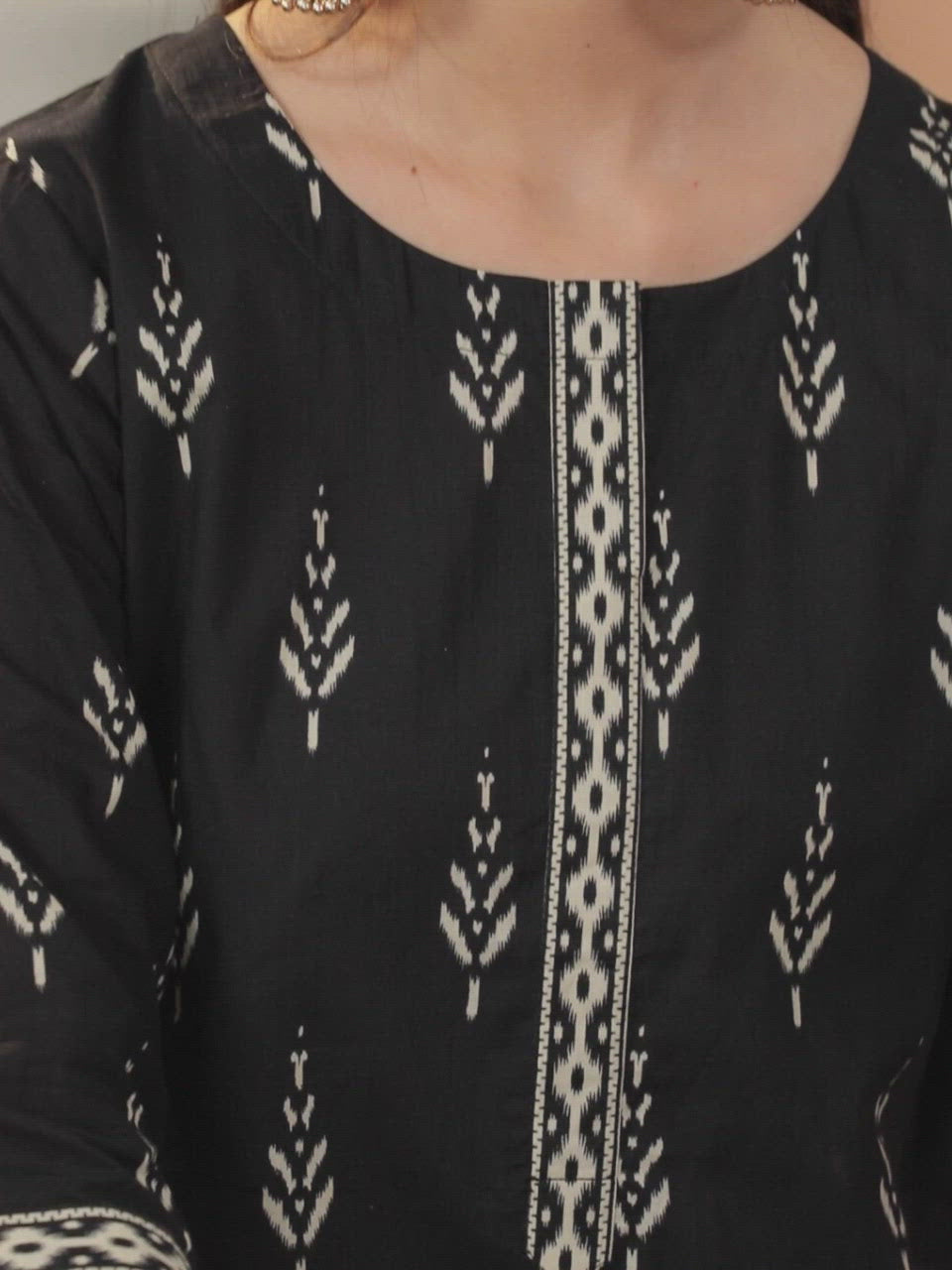 Black Printed Cotton Straight Kurta With Salwar & Dupatta