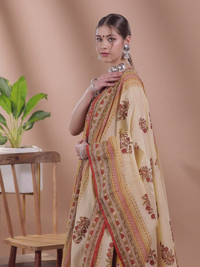 Mustard Printed Cotton A-Line Kurta With Palazzos & Dupatta