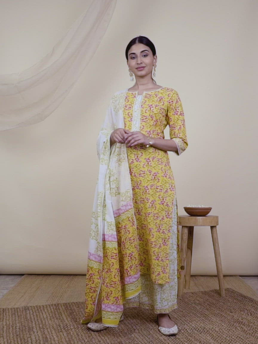  Yellow Printed Cotton Straight Kurta With Palazzos & Dupatta 