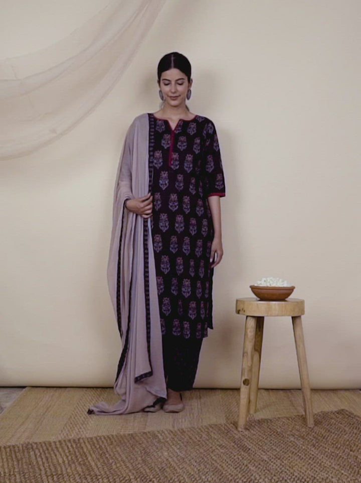 Black Printed Cotton Straight Kurta With Salwar & Dupatta