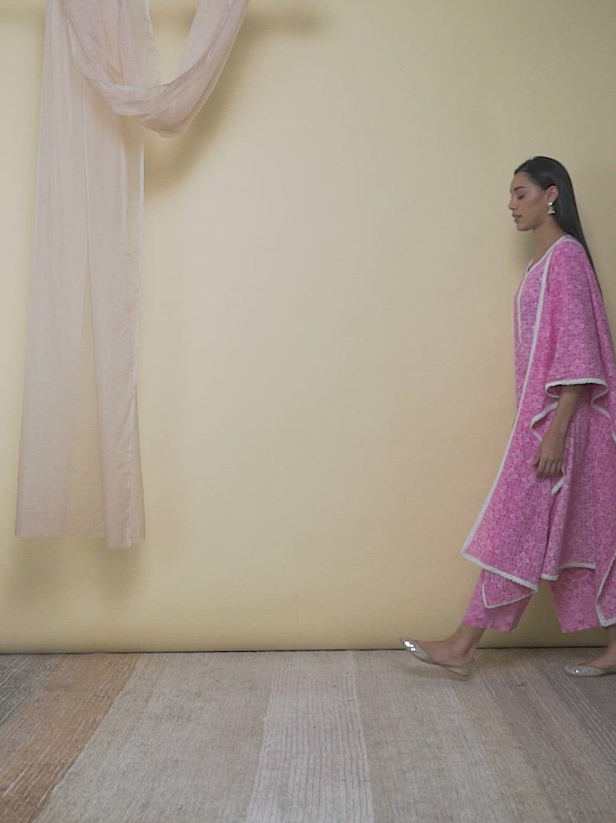 Pink Printed Cotton A-Line Kurta With Palazzos & Dupatta