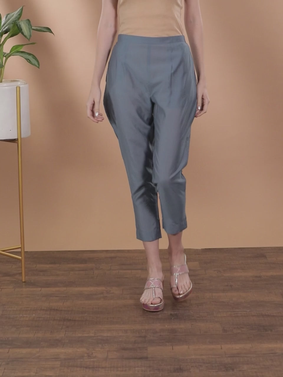 Grey Solid Silk Trousers