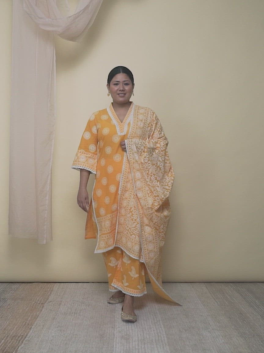 Plus Size Yellow Printed Cotton Straight Kurta With Sharara & Dupatta