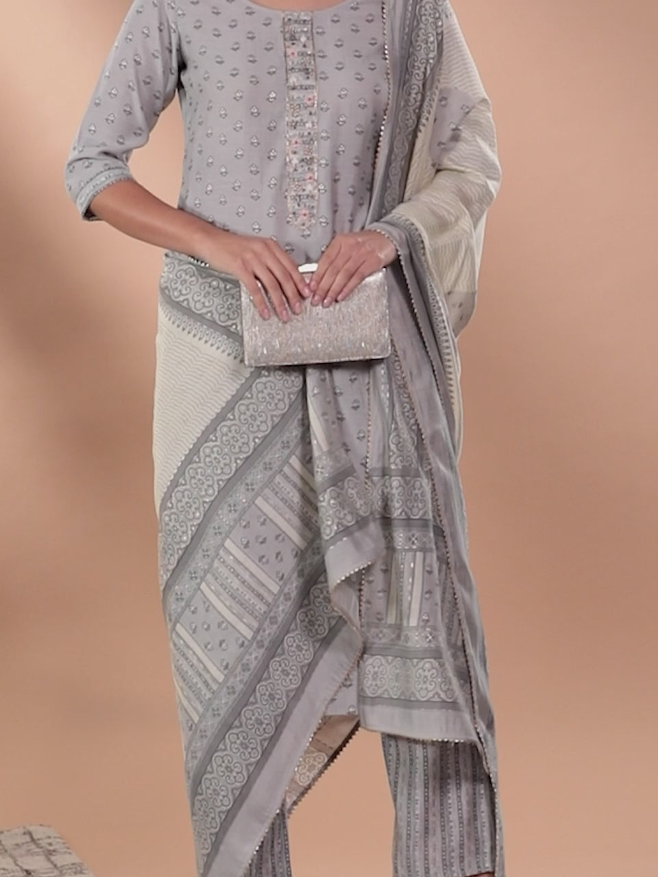 Grey Printed Silk Blend Straight Kurta With Dupatta