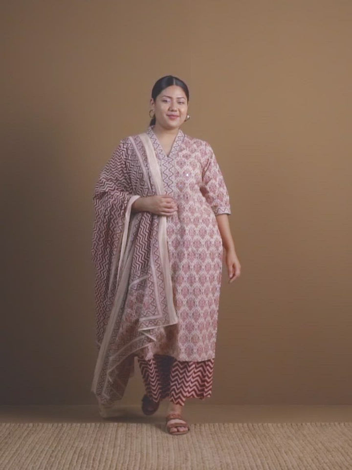 Plus Size Beige Printed Cotton Straight Kurta With Palazzos & Dupatta