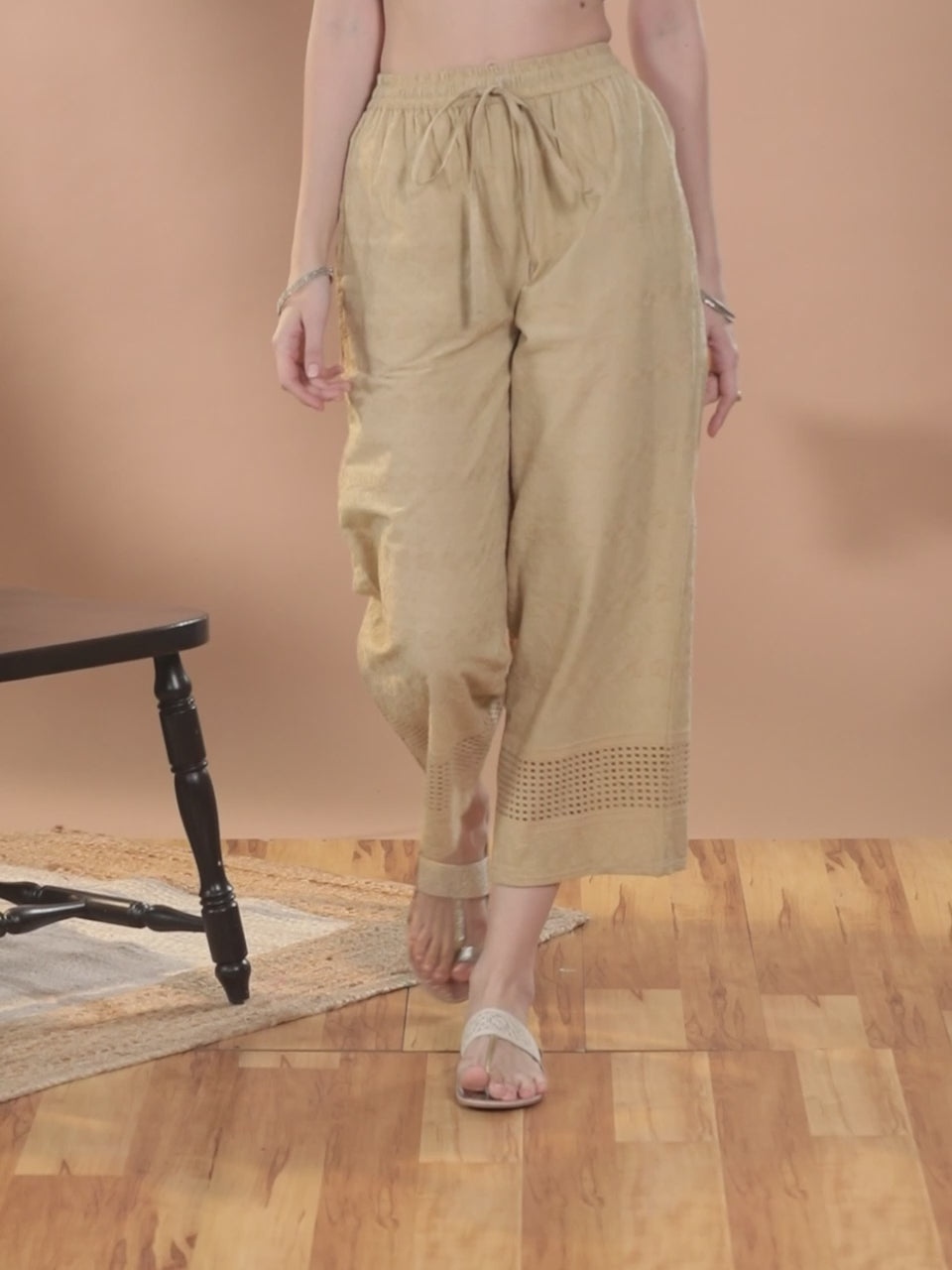  Beige Self Design Cotton Palazzos 