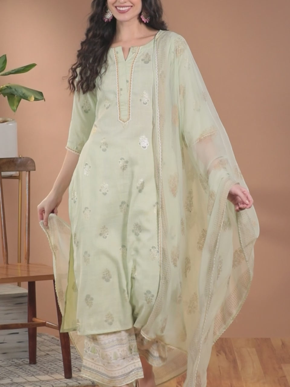  Green Printed Rayon Straight Kurta With Palazzos & Dupatta 