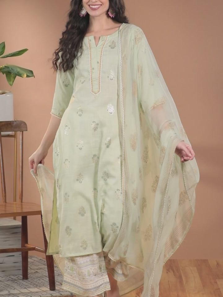 Green Printed Rayon Straight Kurta With Palazzos & Dupatta