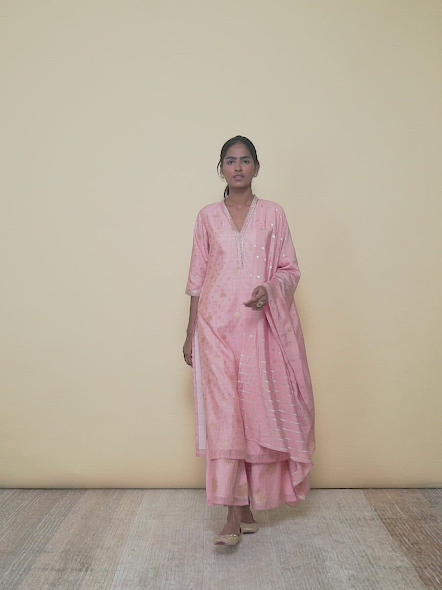  Pink Self Design Chanderi Silk Straight Kurta With Palazzos & Dupatta 