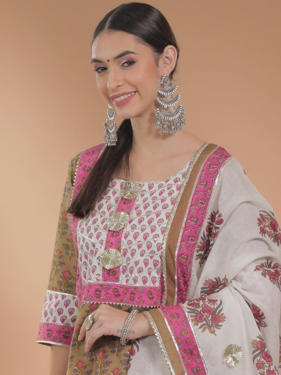  Olive Printed Cotton Straight Kurta With Skirt & Dupatta 