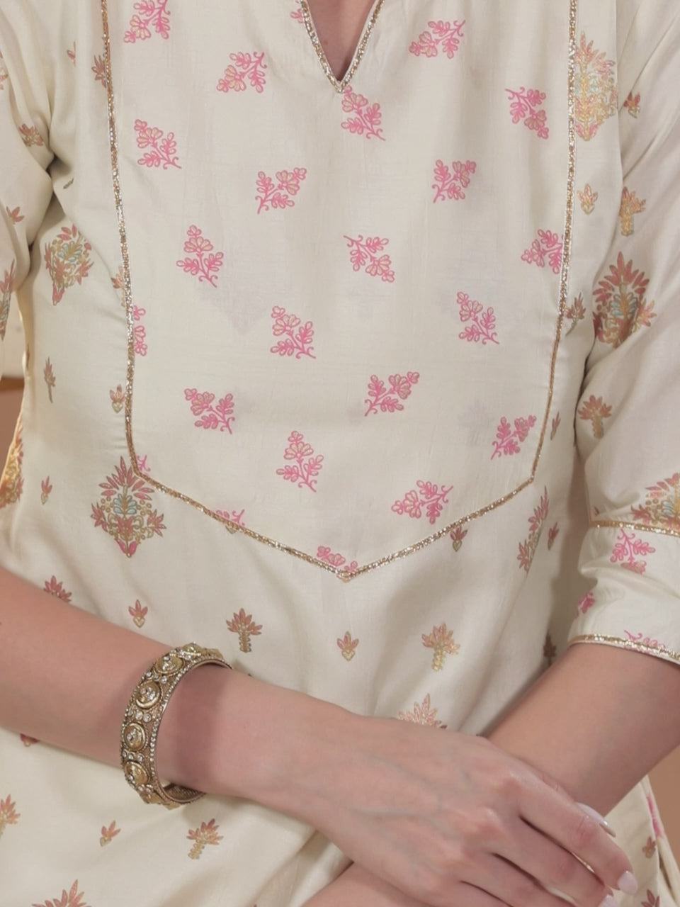 Cream Yoke Design Silk Straight Kurta With Palazzos & Dupatta 