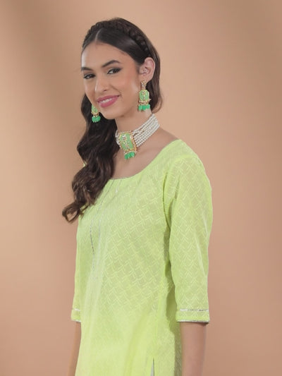 Lime Green Embroidered Cotton Kurta