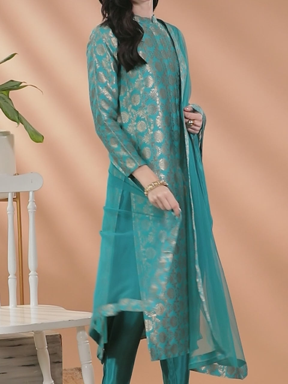 Blue Woven Design Silk Blend Straight Kurta With Dupatta