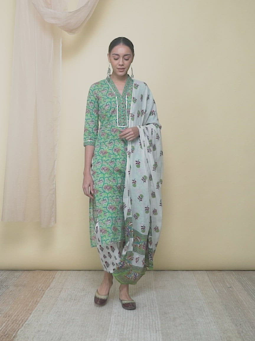  Green Printed Cotton Straight Kurta With Palazzos & Dupatta 