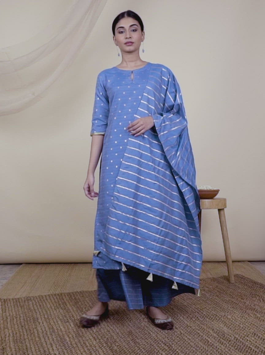 Blue Zari Work Chanderi Silk Straight Kurta With Palazzos & Dupatta