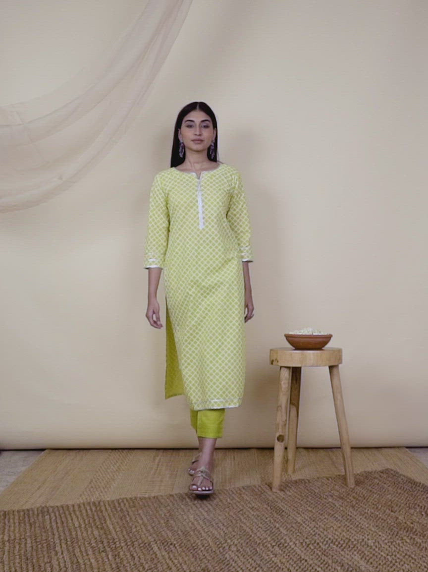  Lemon Green Printed Cotton Kurta 