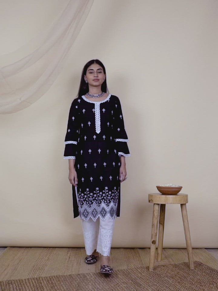 Black Embroidered Cotton Kurta