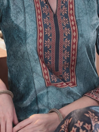 Blue Printed Velvet Straight Kurta With Dupatta