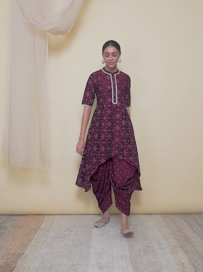  Purple Printed Silk A-Line Kurta With Dhoti Pant 