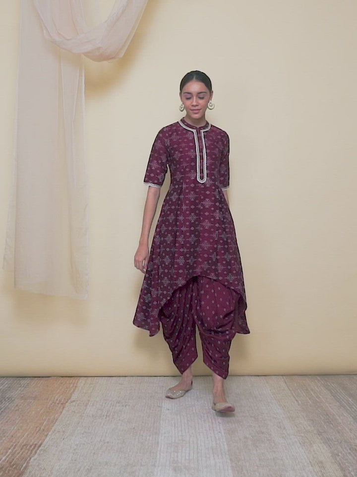 Purple Printed Silk A-Line Kurta With Dhoti Pant