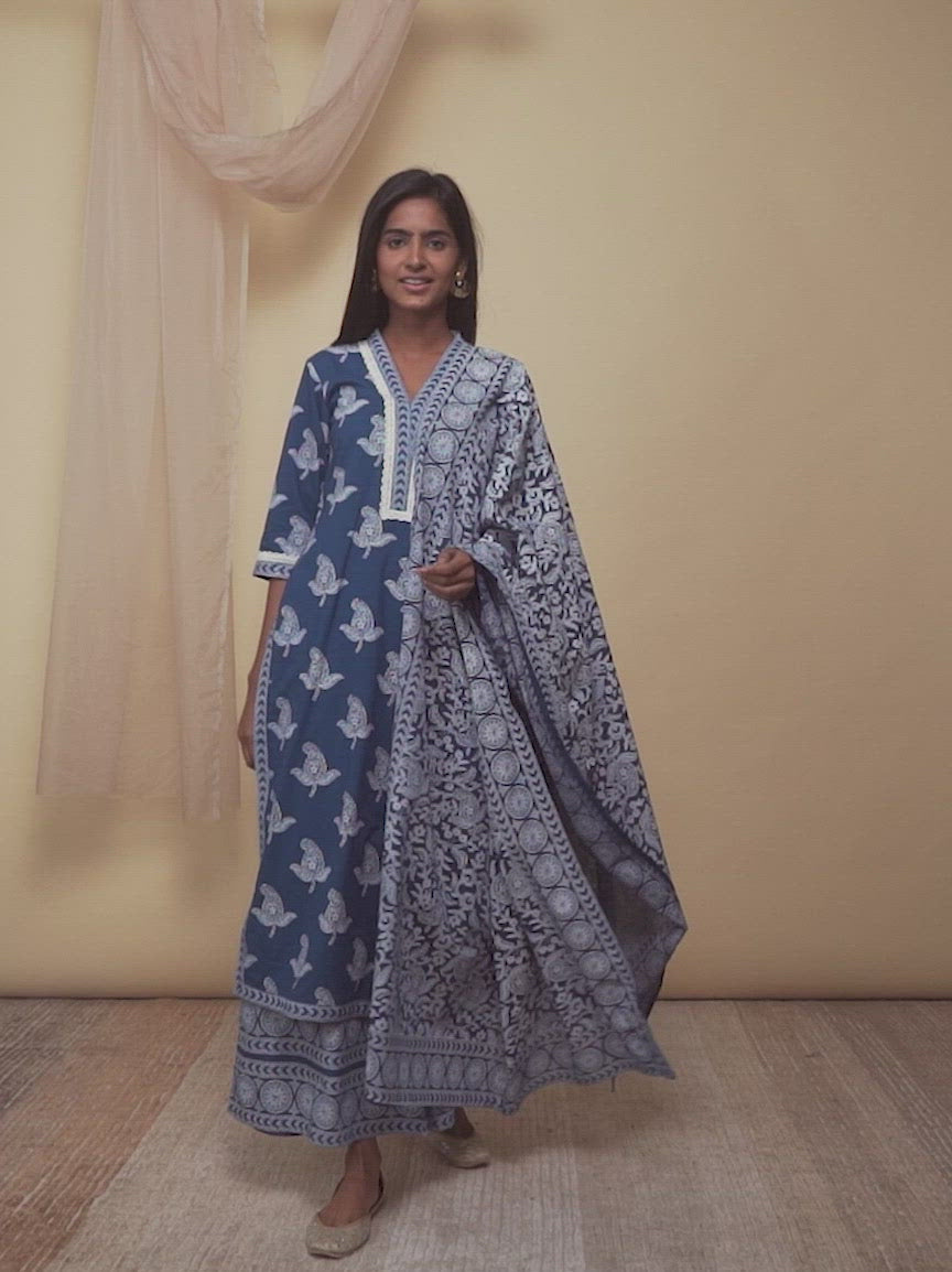 Blue Printed Cotton Straight Kurta With Palazzos & Dupatta