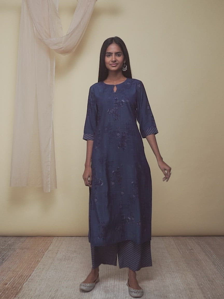  Indigo Printed Rayon Straight Kurta With Palazzos 