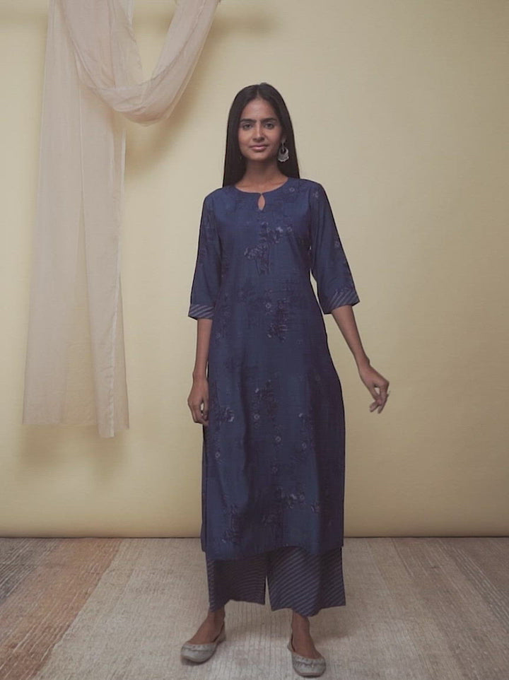 Indigo Printed Rayon Straight Kurta With Palazzos